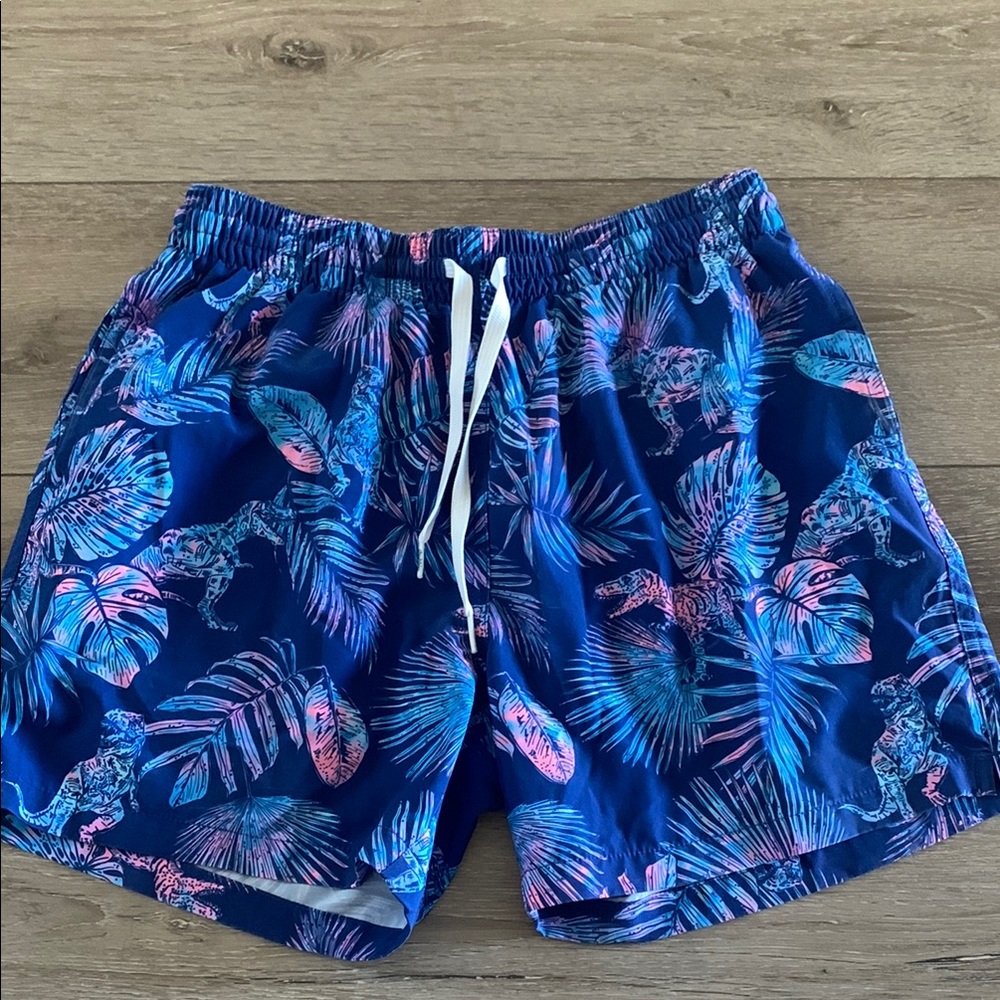 Chubbies Blue and Pink Swim Trunks Vibrant Tropical Design